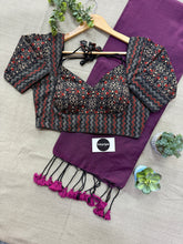 Wine Handloom Khadi Cotton Saree With Ajrakh Print Stitched Blouse
